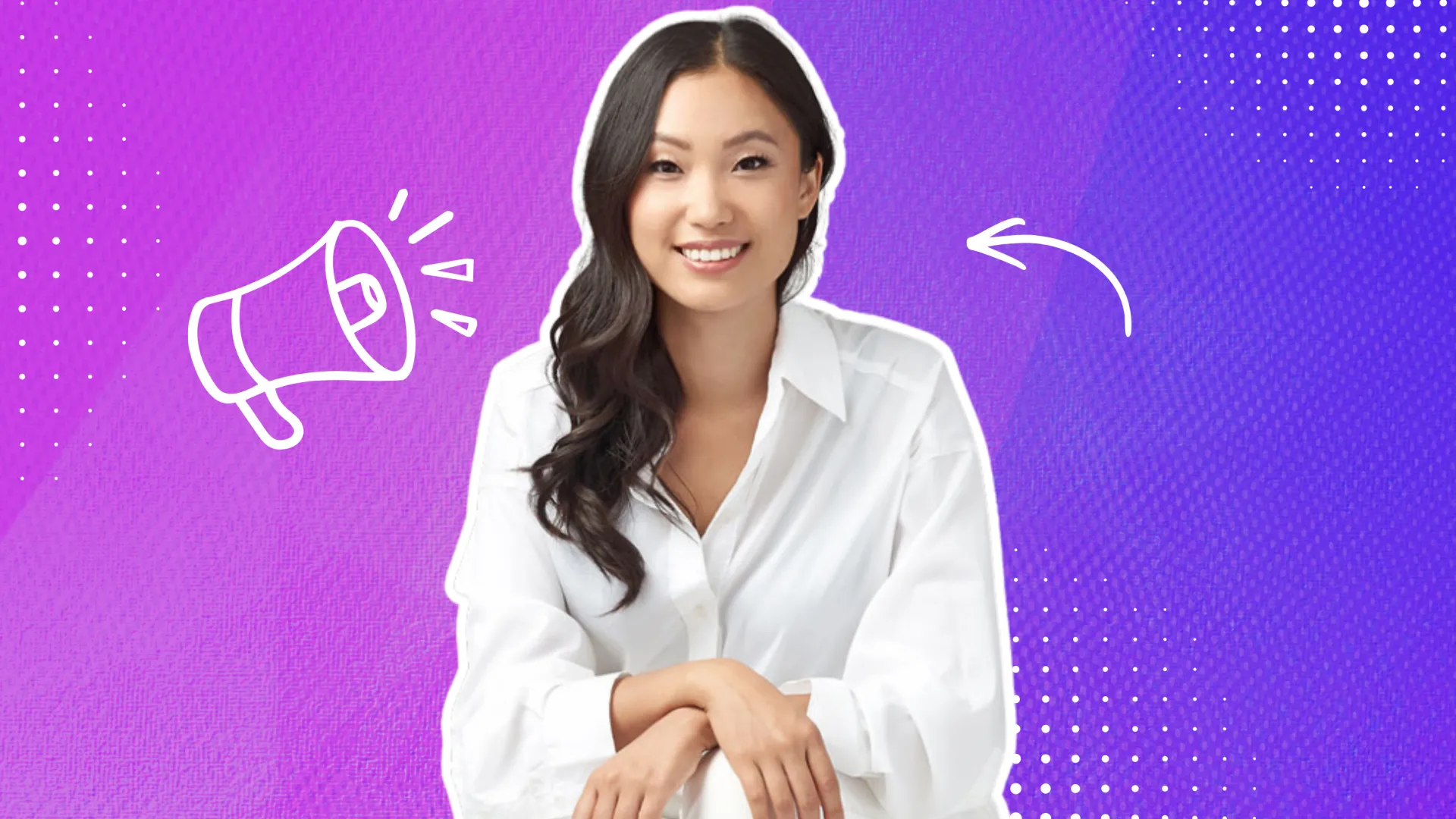 Purple background with headshot of Shilbee Kim in the center with megaphone icon on the left and arrow icon on the right.