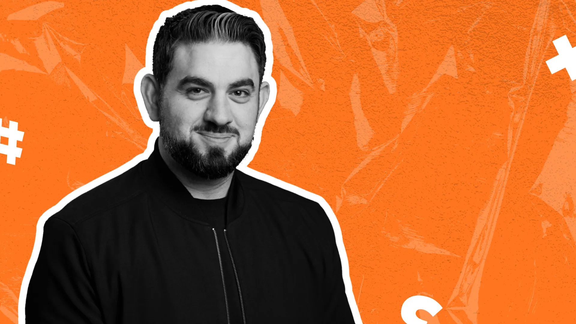 Orange background with black and white headshot of Daniel Francavilla and hashtag, x and question mark icons in foreground