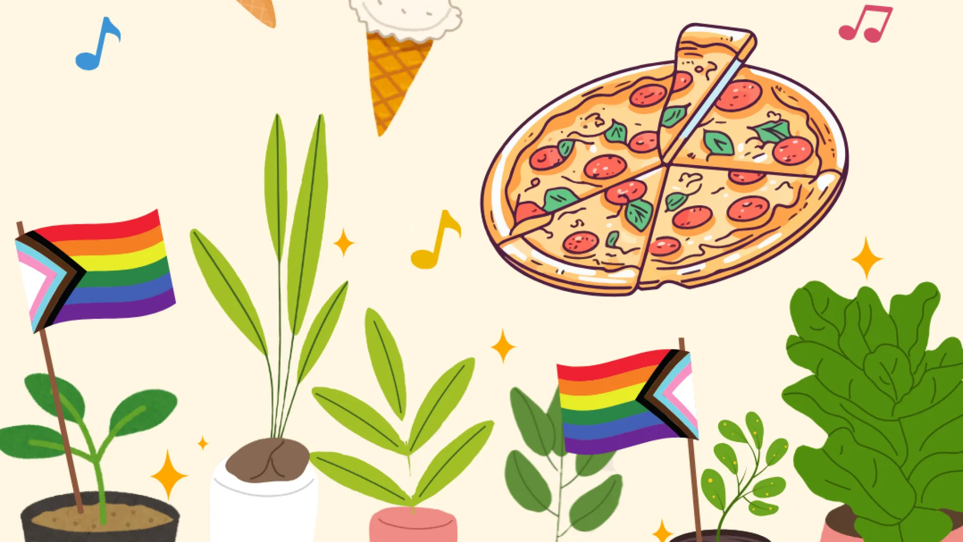 Illustration of pizza and pride flags 