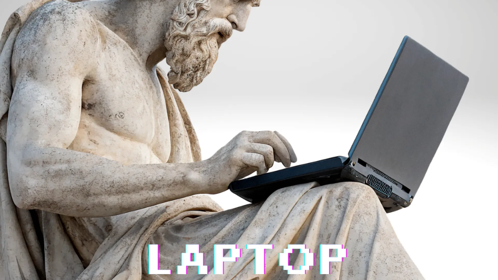 A marble statue using a laptop