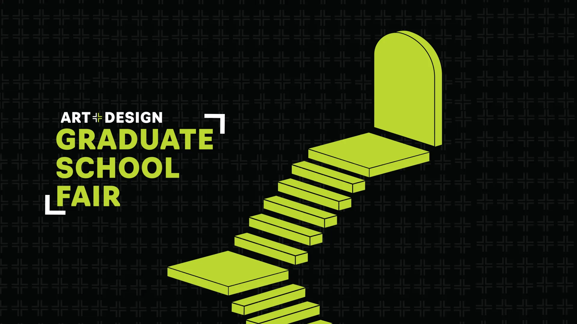 Green staircase ascending on the right with Art & Design Graduate School Fair logo on left