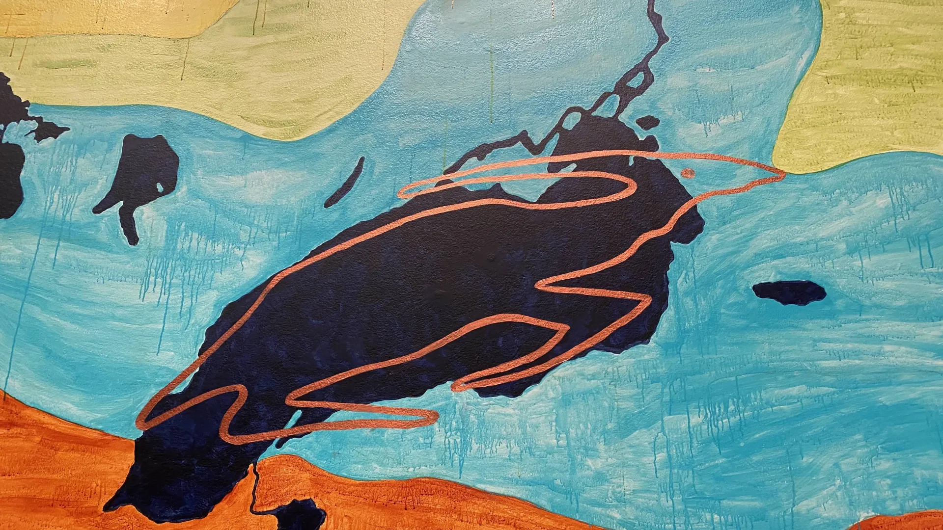 East Canada with Lake Ontario in dark colour and an orange outline, a leaping animal.