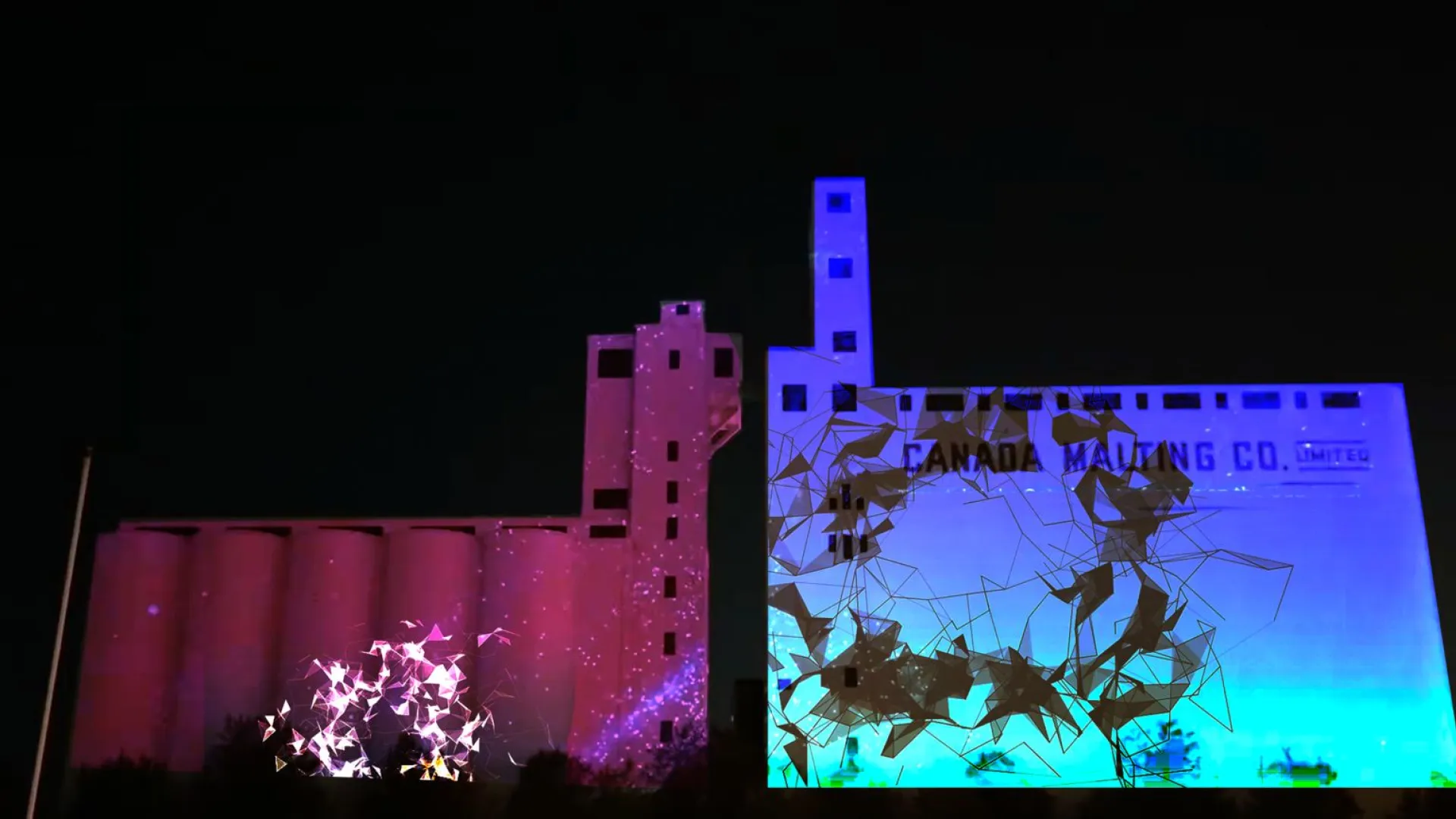 Artwork, "Breathe" of birds flying projected onto Canada Malting Silos