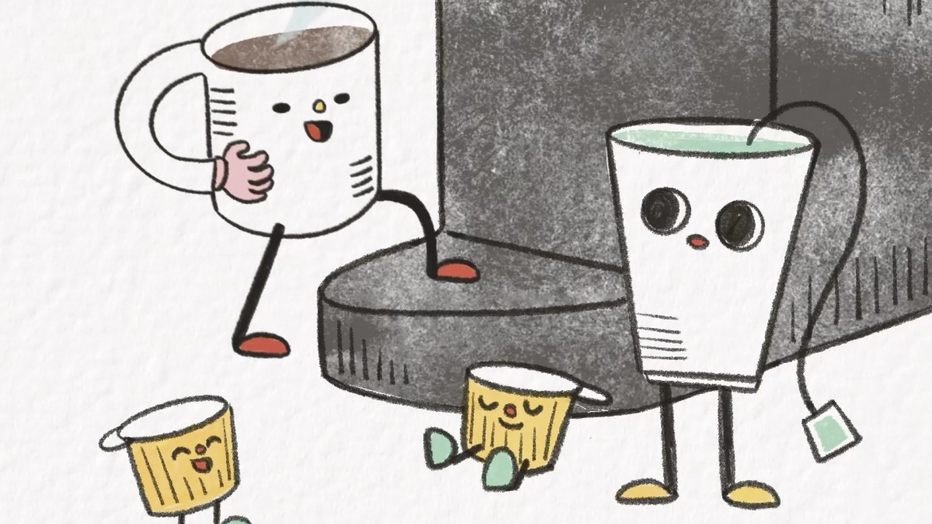 coffee, tea and creamers in front of coffee machine.