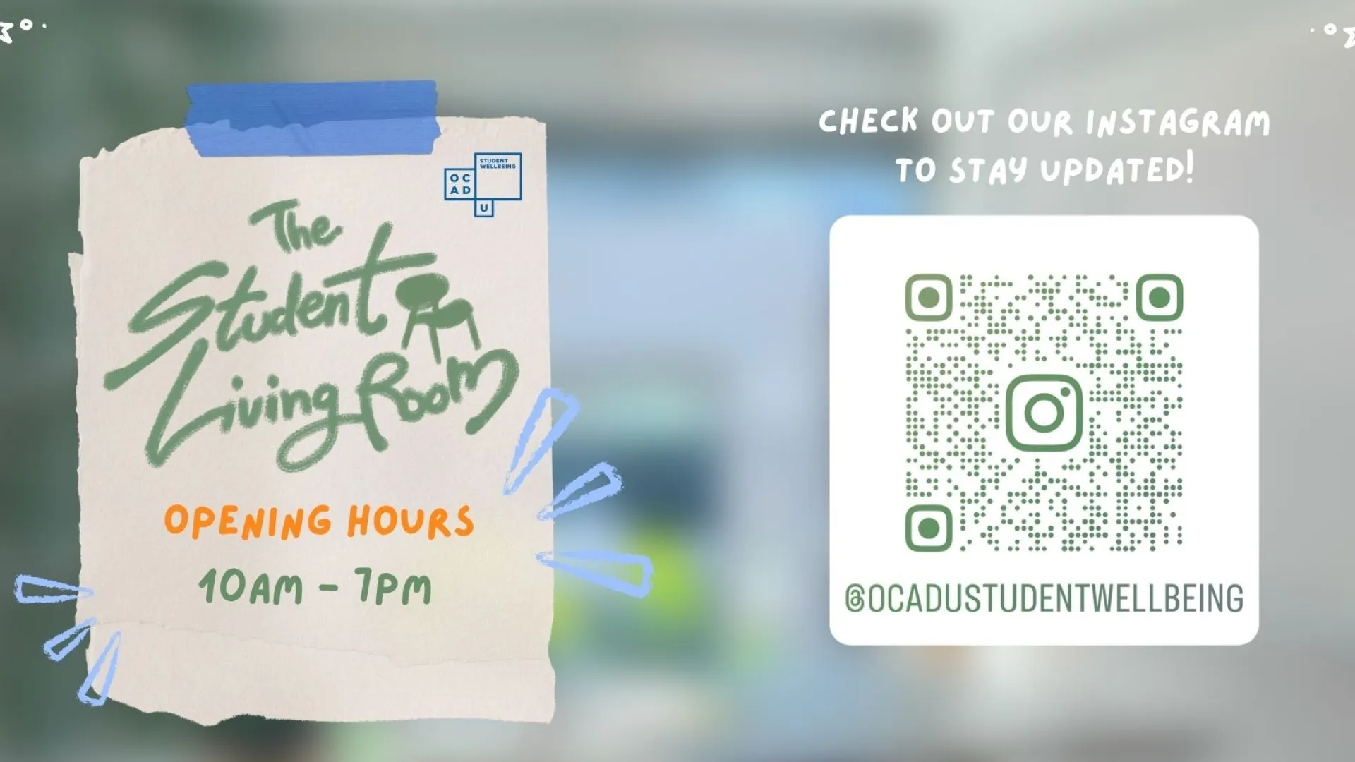 Student Living Room, operating hours 10am to 7pm, instagram qr code.