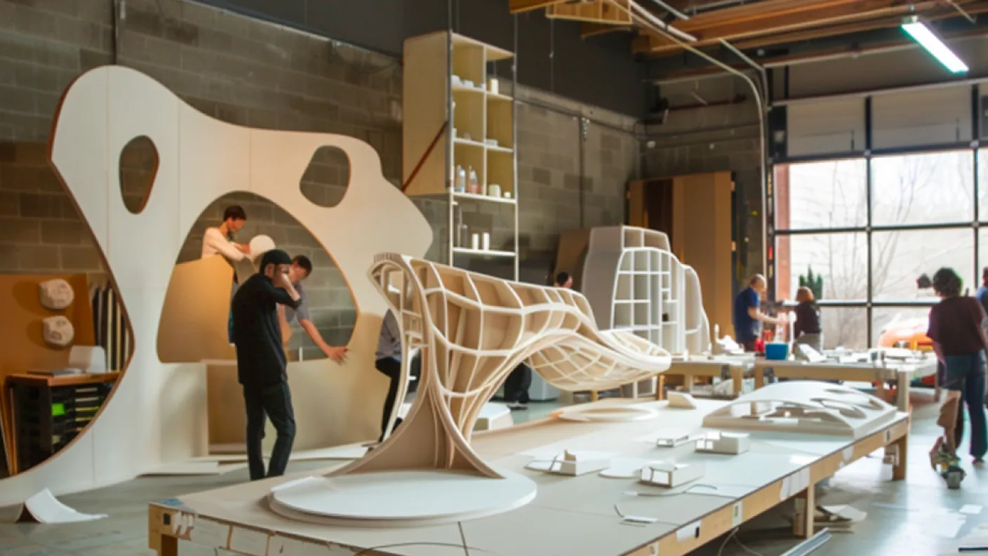 Wood workshop with large sculptures