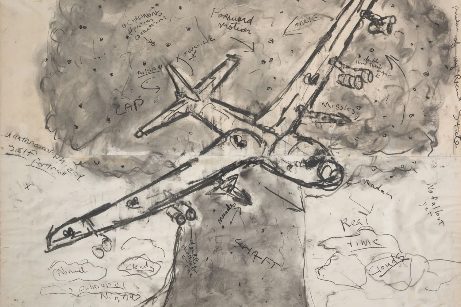 Charcoal drawing of a plane flying in front of a tree