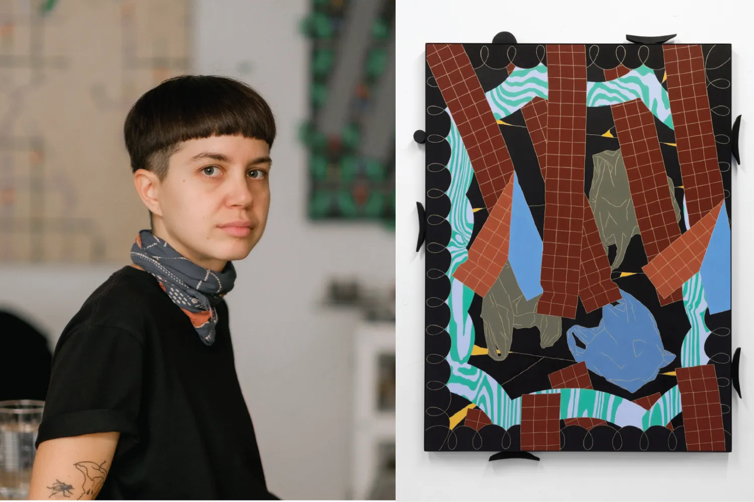 On the left, a headshot of Van Maltese. On the right, one their pieces (oil on panel, powder coated steel, wood, acrylic paint, magnets)