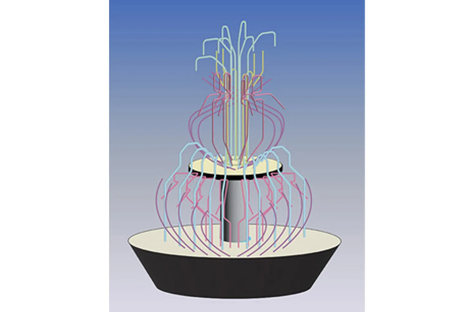 A colour illustration of an installation, "Crystal Waters", by artist Tyler Burey. Blue background, two-tiered fountain.