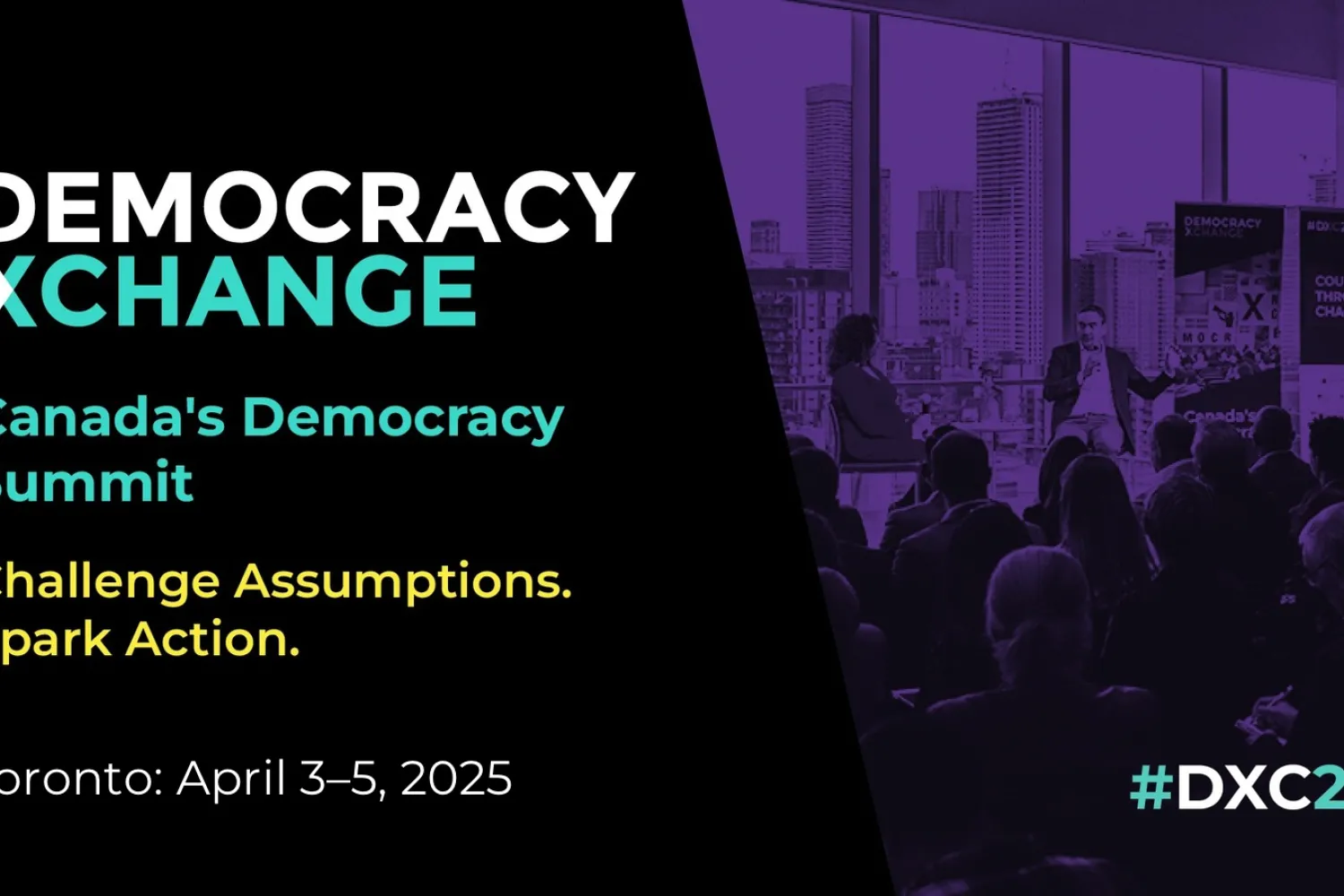 Poster for DemocracyXChange with white, blue and yellow lettering on black background (on left) and a purple background on the right, showing people in an audience. 