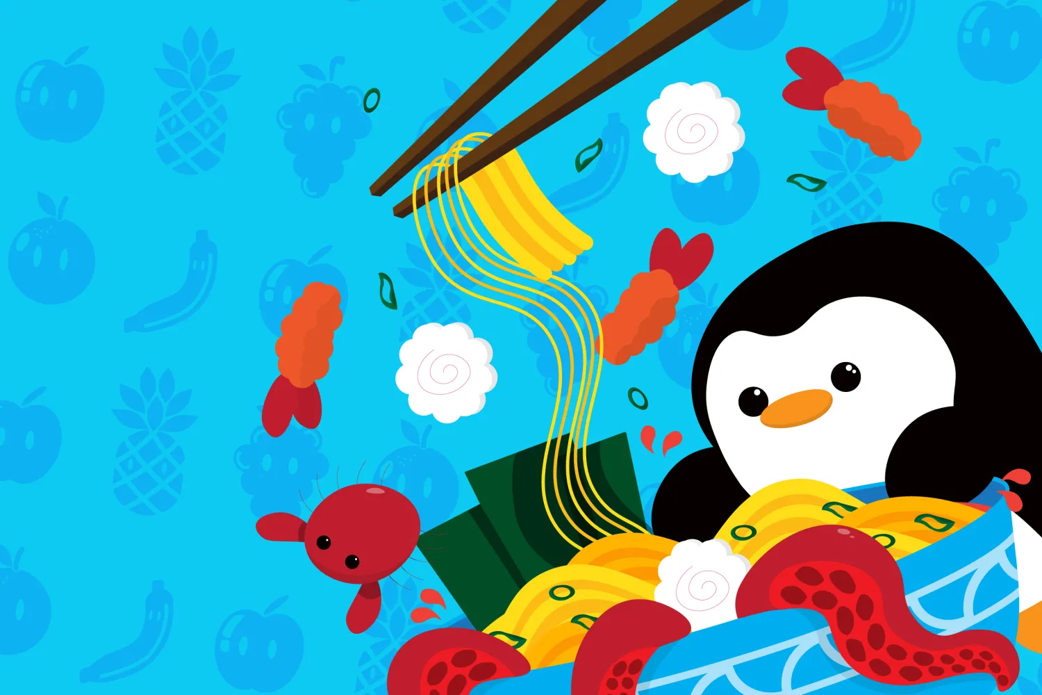 A cartoon penguin eating noodles.