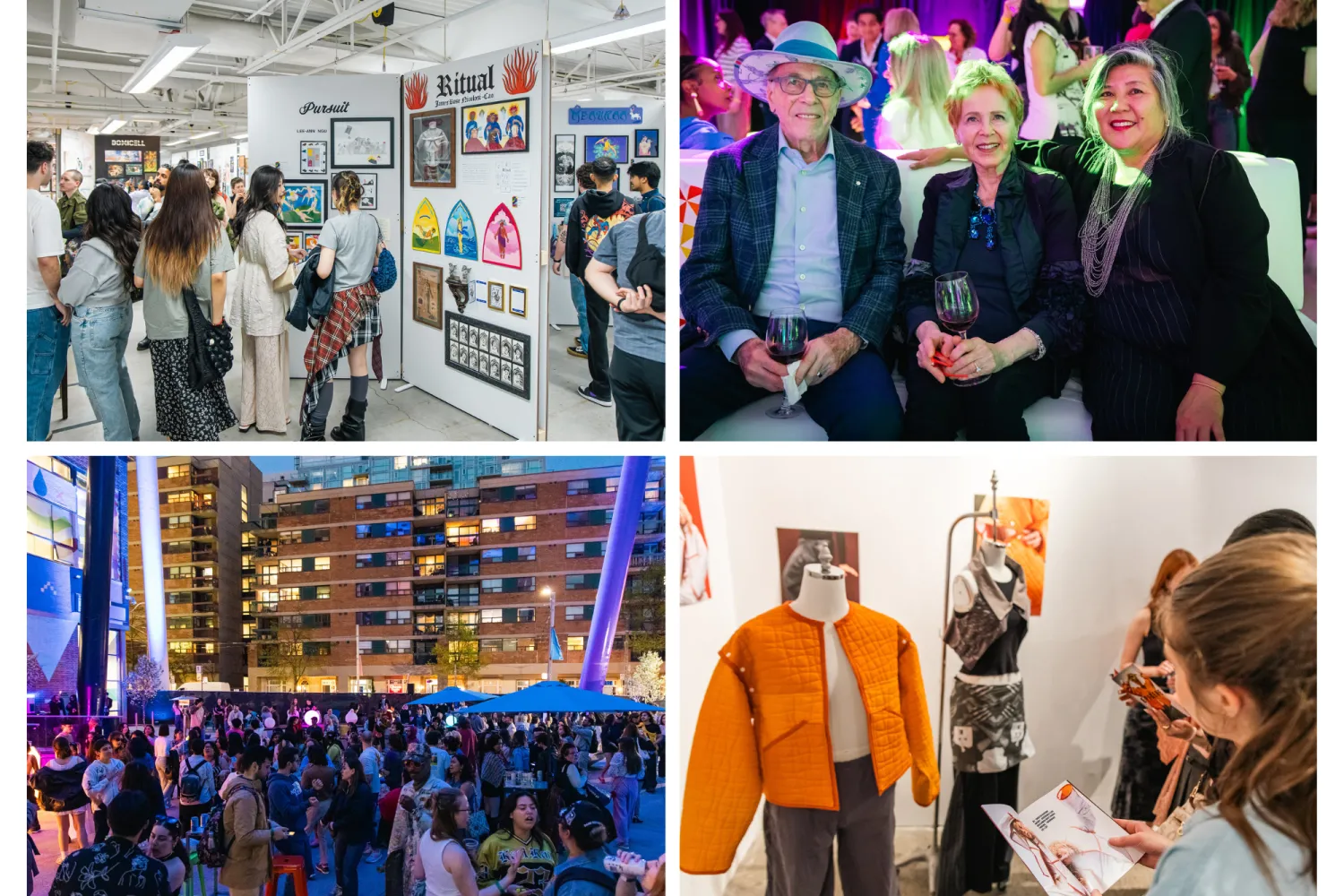Composite of four photographs depicting scenes of GradEx 110, including two photos of visitors browsing the exhibition, a photograph of festivities on opening night, and OCAD U President Ana Serrano sitting with longtime supporters Rosalie and Isadore Sharp.