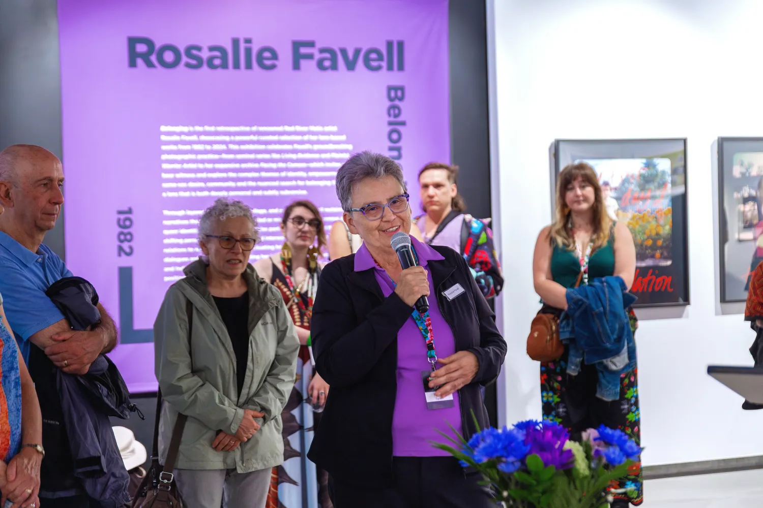 Rosalie Favell speaking at the opening of new retrospective exhibition
