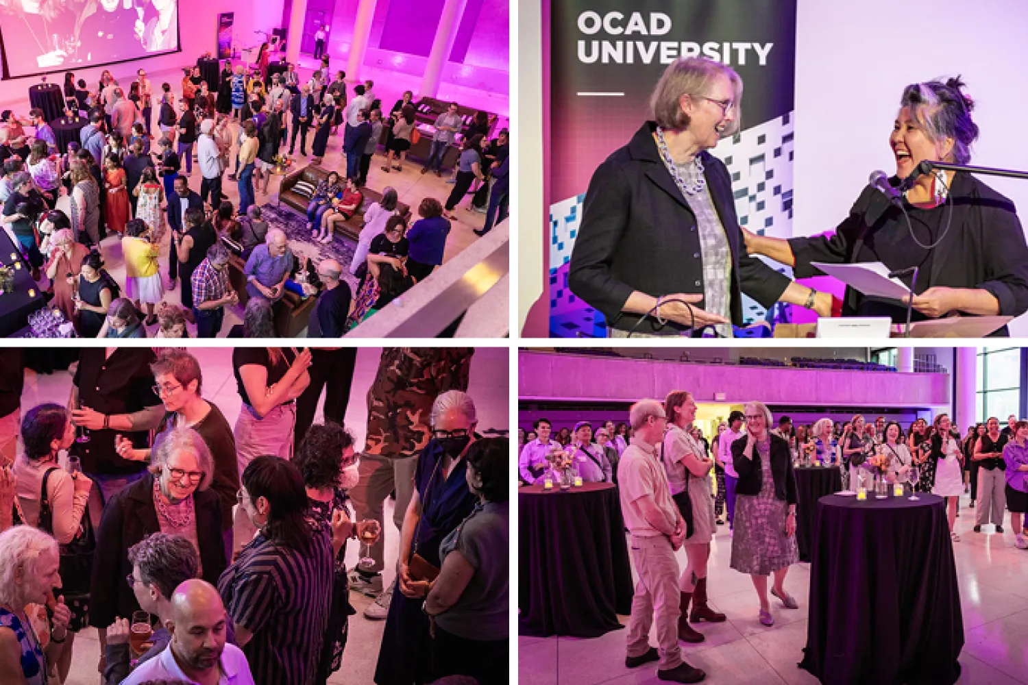 Celebration event for Dr. Caroline Langill; Top left: Guests; Top right: Dr. Langill (l) with President Serrano (r); Bottom left: Dr. Langill speaking with guests; Bottom right: Dr. Langill (centre) with guests. 
