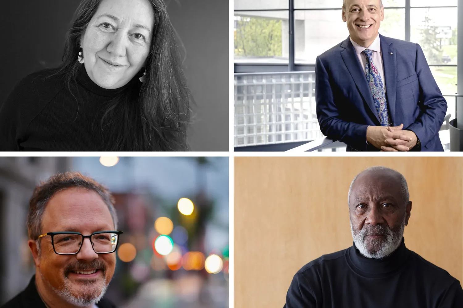 Composite photo of honorary doctorate recipients - Top: Christi Belcourt (left) and John Bianchini (right)  Bottom: Rafael Lozano-Hemmer (left) and Tim Whiten, RCA (right)