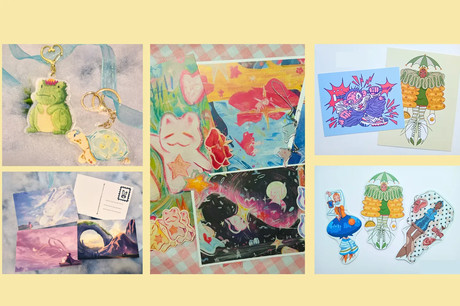 Series of five artworks by different artists overlaid on a light yellow background.