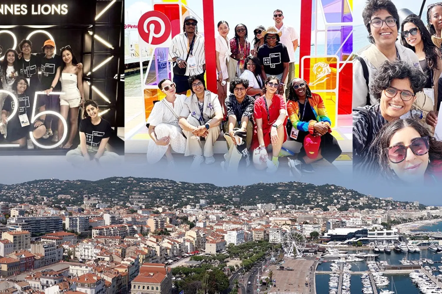 Composite photo of Cannes Lions trip participants (top row) and bottom photo shows view of Cannes.