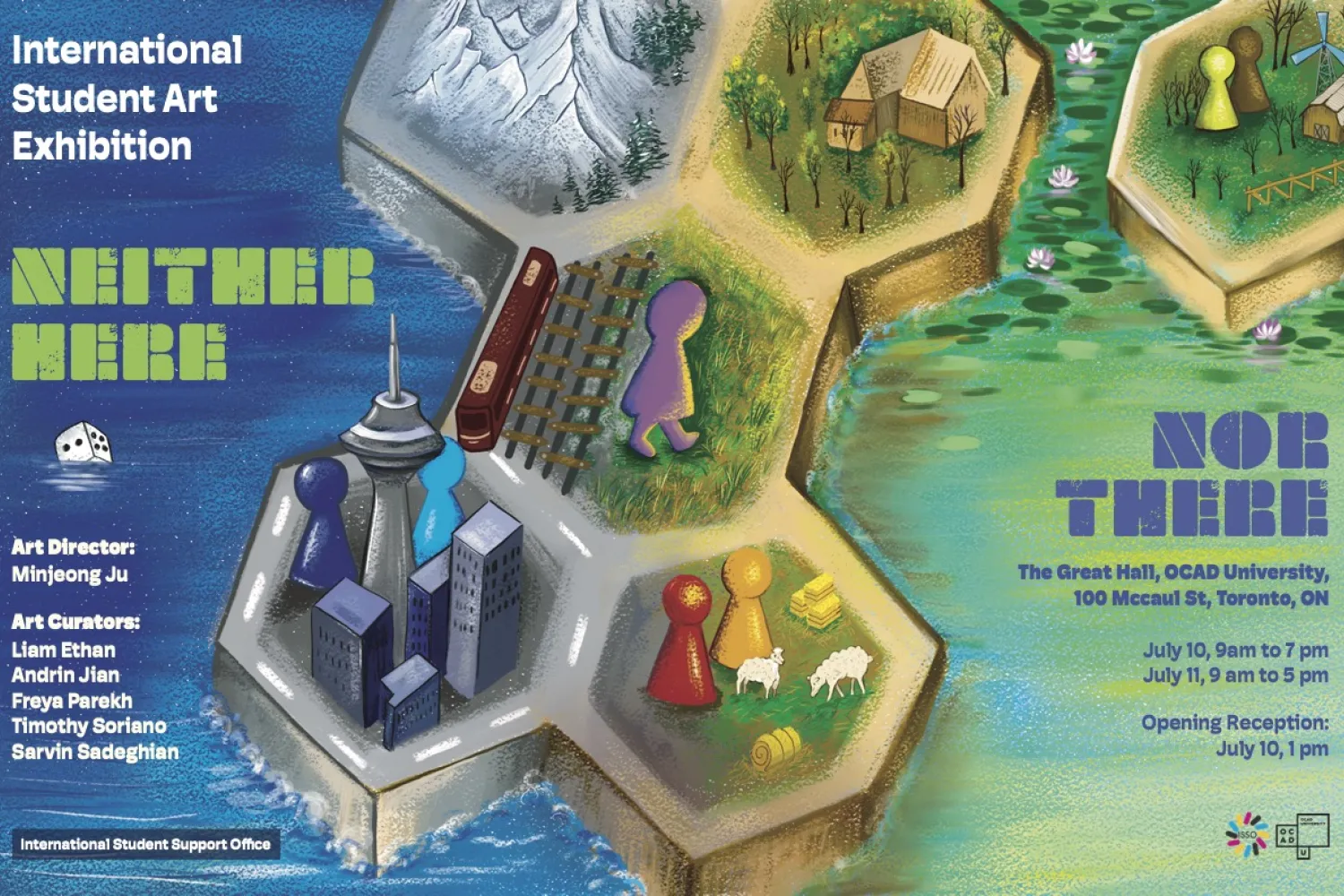 Promotional poster for the 'Neither Here Nor There' International Student Art Exhibition, featuring a hexagonal board game-style design with event details listed.