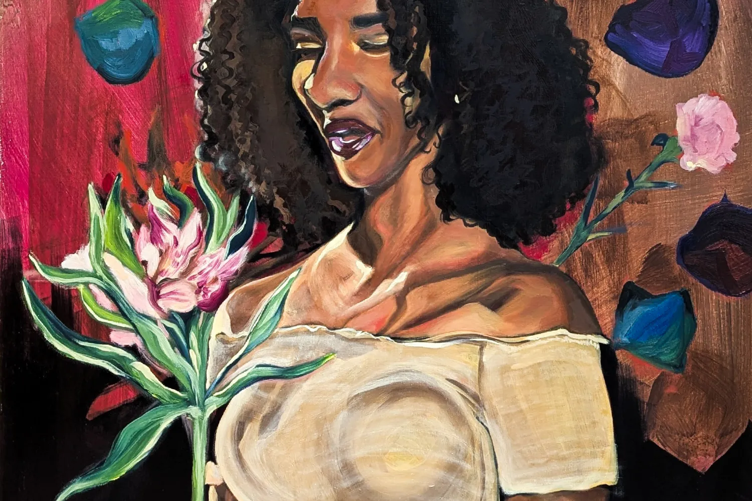 Curly hair, black/brown woman portrait with a flower in hand