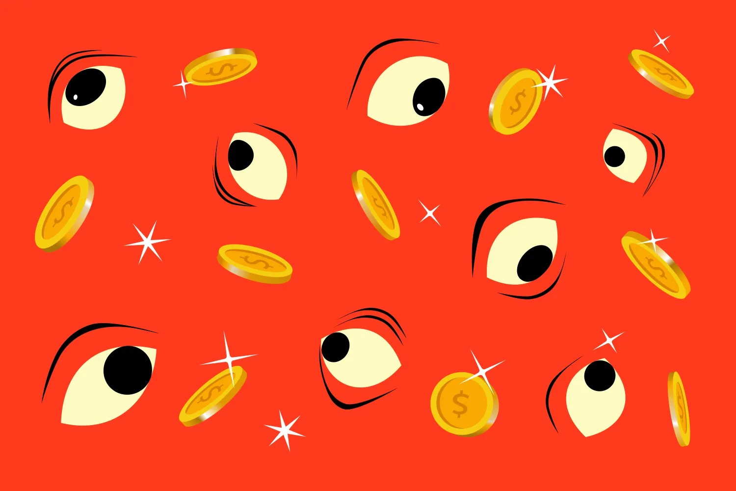 Orange background with drawing of eyes and coins in foreground