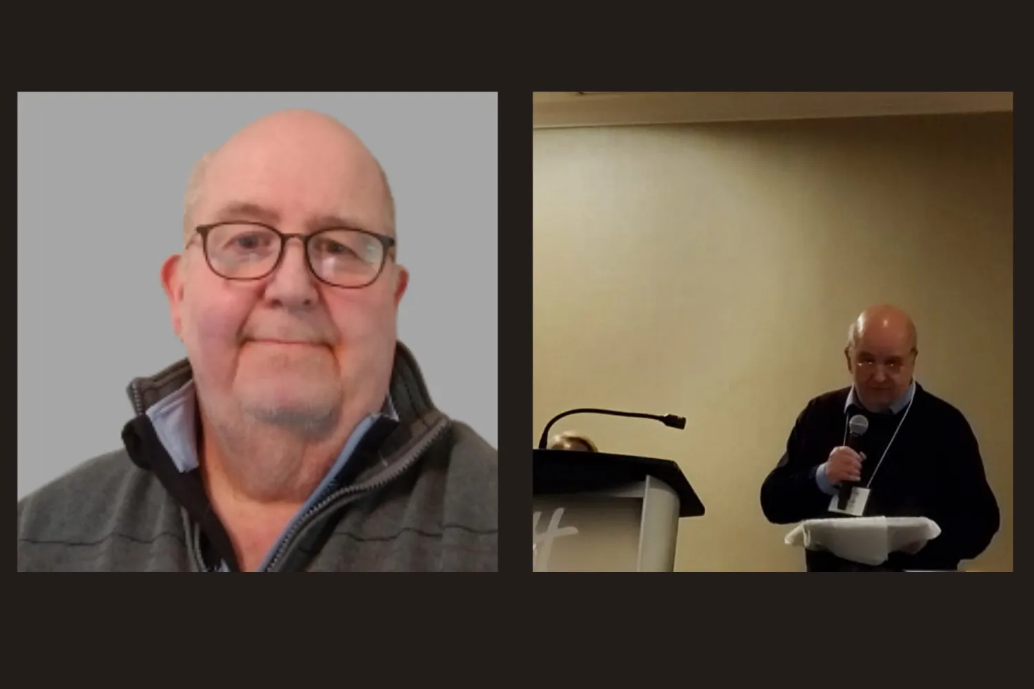 Two images of Peter Fraser, side by side. Headshot and an image of Peter standing next to a podium