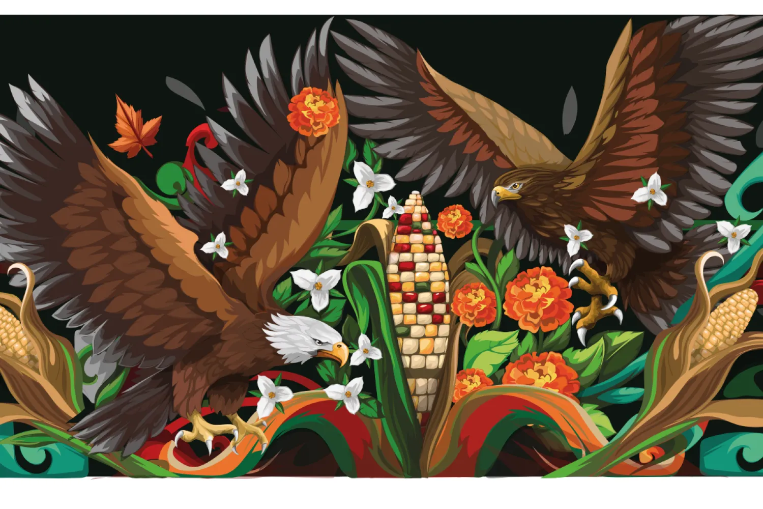 "The Shared Flight" 2025 mural by Diego Santamaría (HIDROCK). An ear of corn in the centre, with Two eagles, white trilliums and orange marigolds, on a black background.