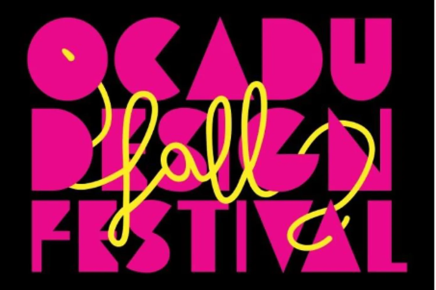 The words OCAD U Design are in pink with fall across the words on a black background