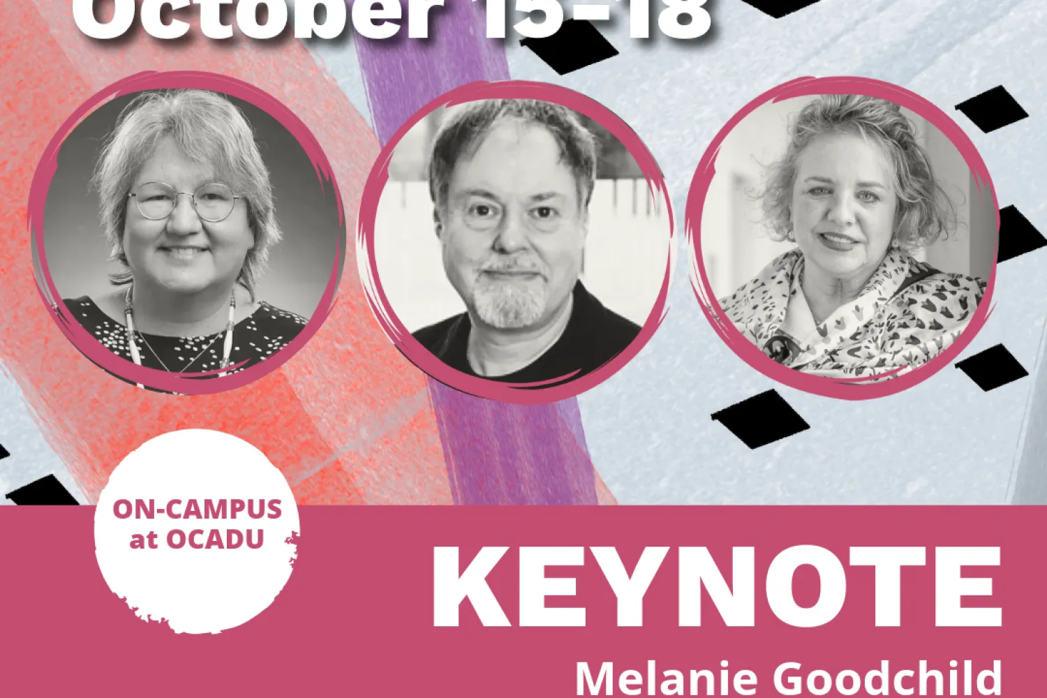 Image features text, RSD14, with three images of people, with wording ON-CAMPUS at OCAD U, Keynote Speakers, Melanie Goodchild, Gerald Midgley, Mariana Amatullo  