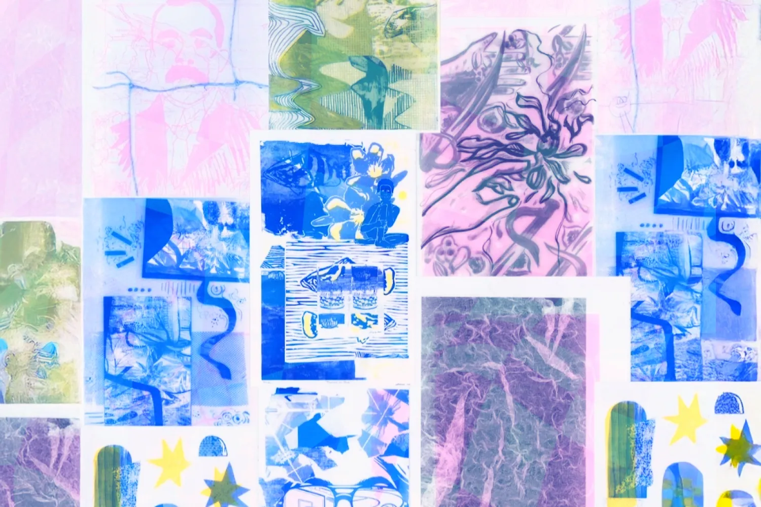 digital collage of risograph prints in blue, pink and yellow