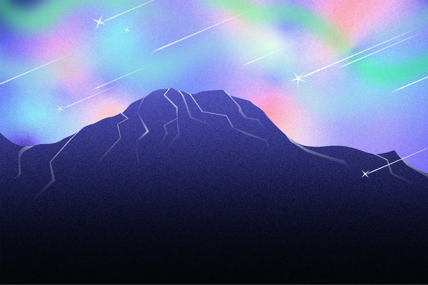 An illustration of a mountain under the Northern lights