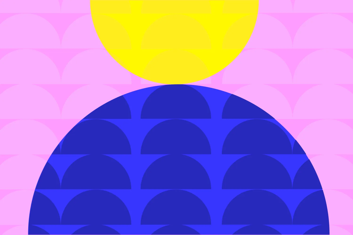 Pink background with half circle patterns and a large blue and yellow half circle in the center foreground