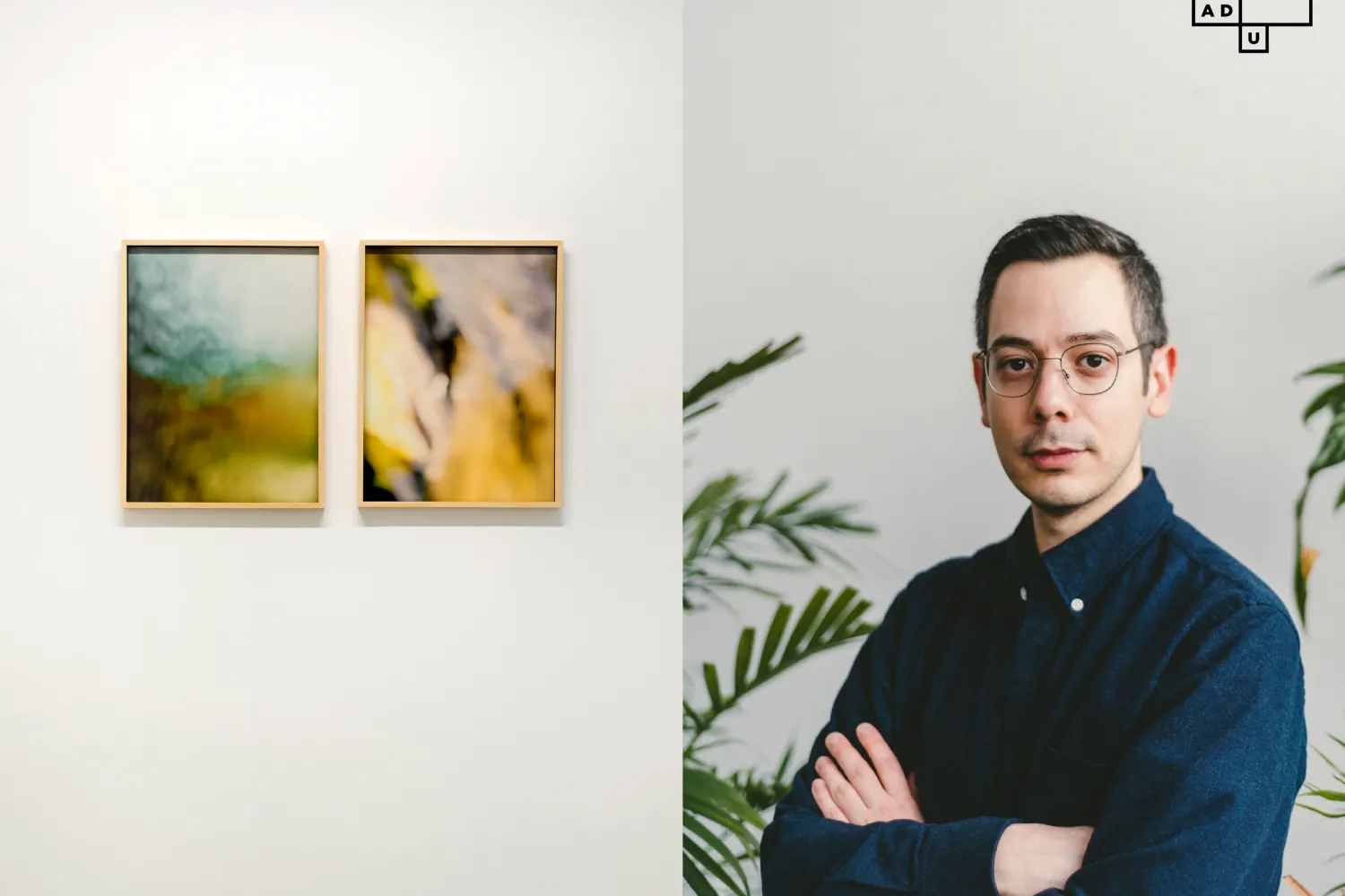 On the right, a headshot of Erdem Tasdelen, on the left, documentation of an artwork by him: two blurry images framed and hung on a gallery wall. 