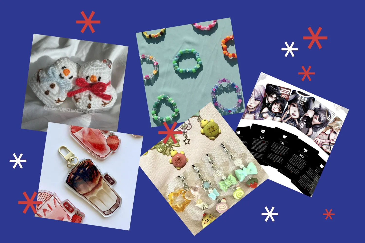 Blue background with student artwork and white and red stars in foreground