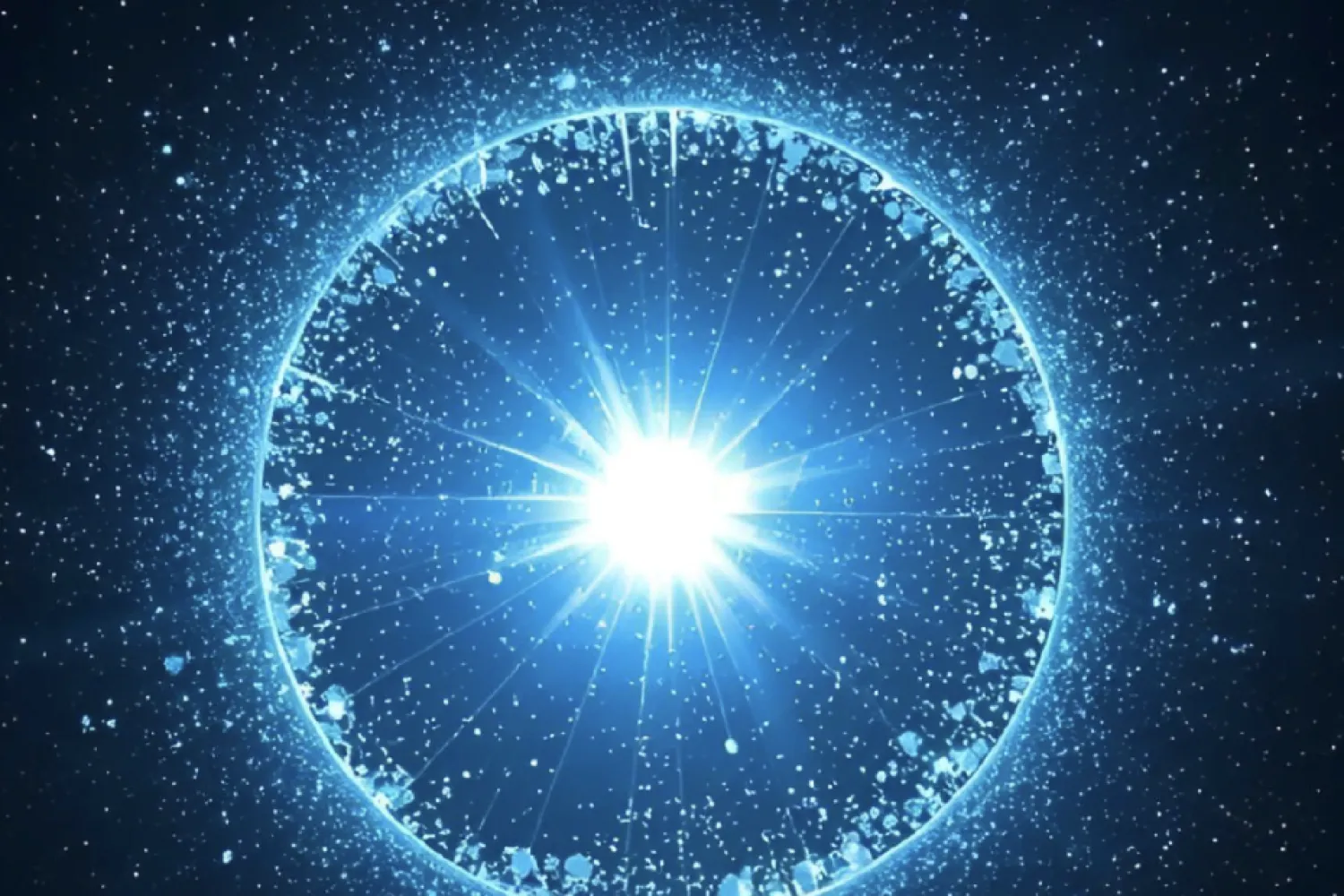 Image of starburst in centre of a blue bubble with stars surrounding the bubble.