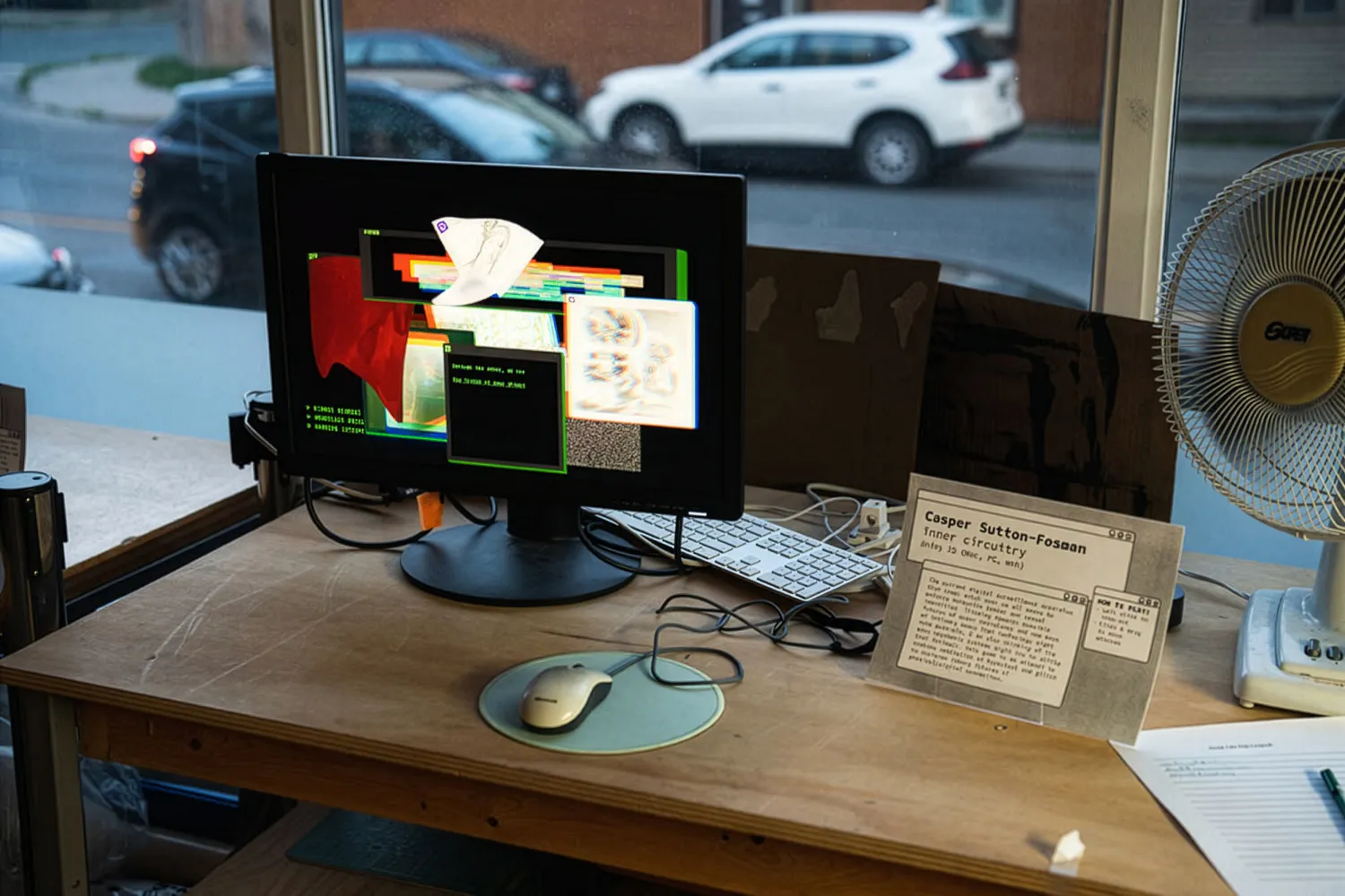 A work desk with a monitor sitting in front of a street facing window.