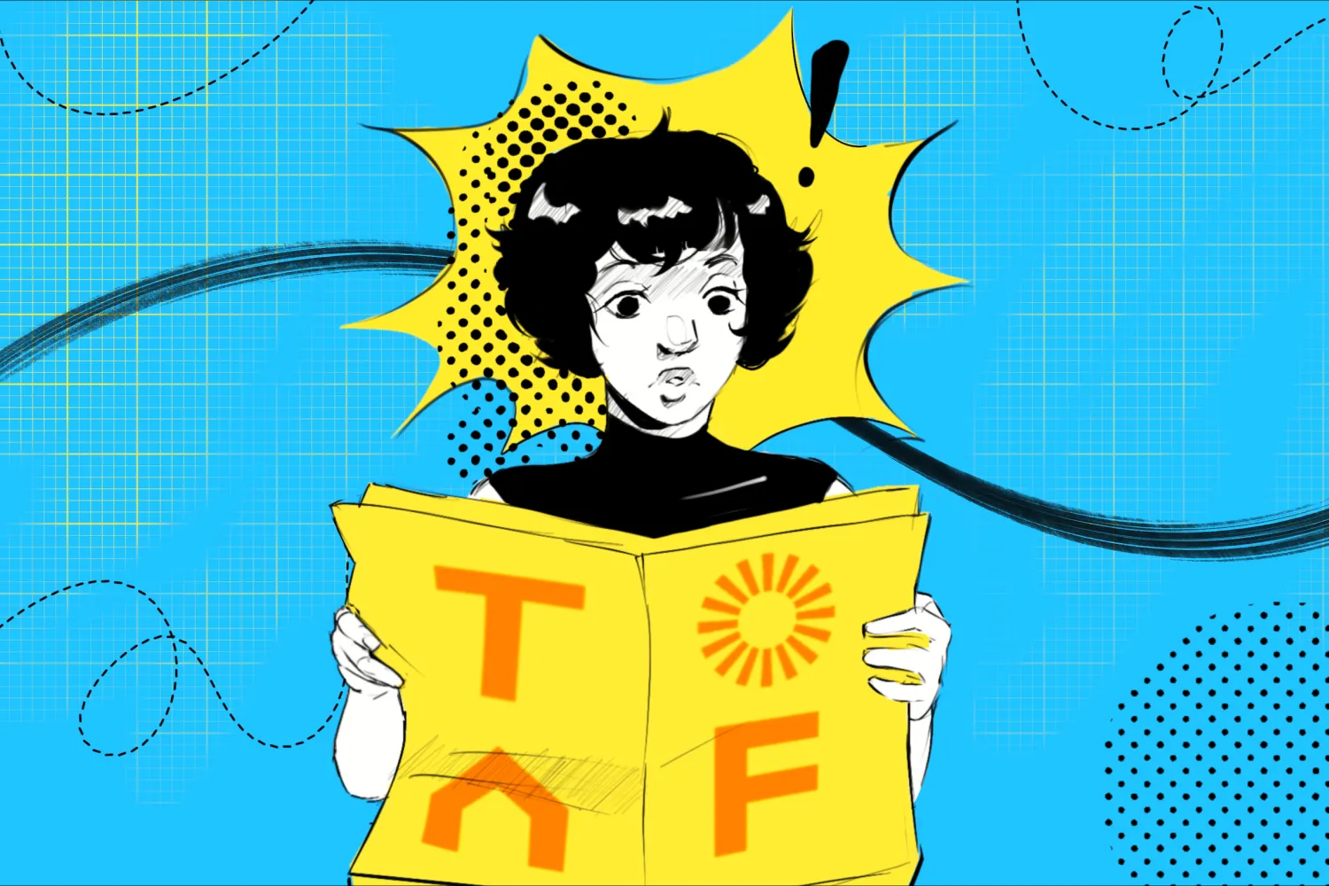 Blue background with yellow grid pattern, black lines and dots. An illustrated figure reading a TOAF magazine in foreground.