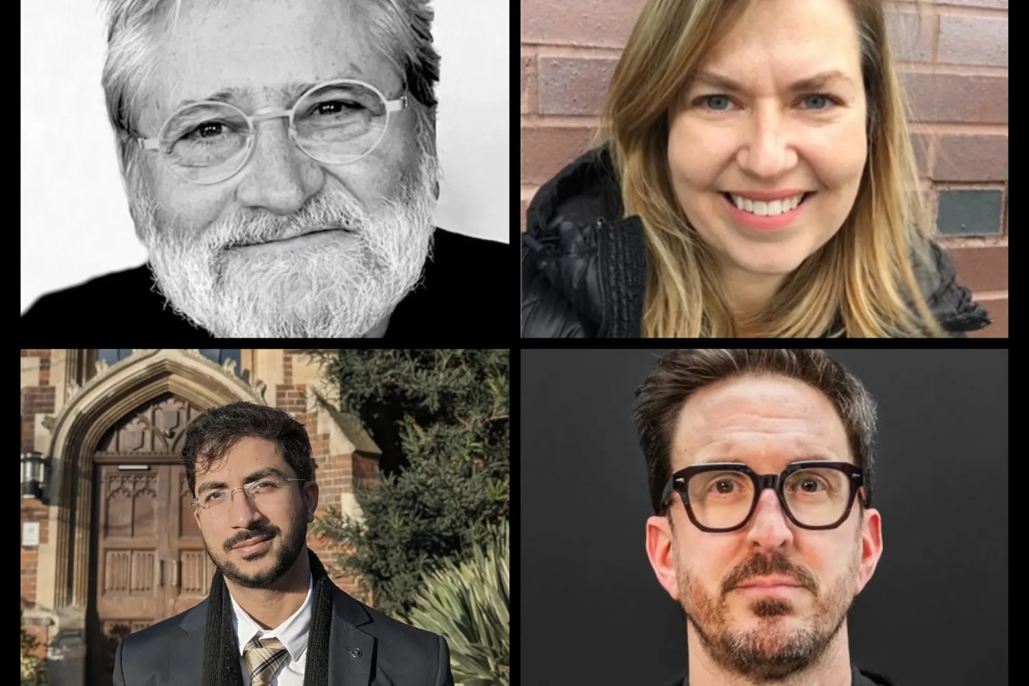 Four photos of people, top left, man with white beard wearing glasses and beard, top right, woman with medium long blond hair, bottom left, man wearing suit, white shirt and tie has glasses and mustache, bottom right, man wearing glasses with beard and mustache and dark hair