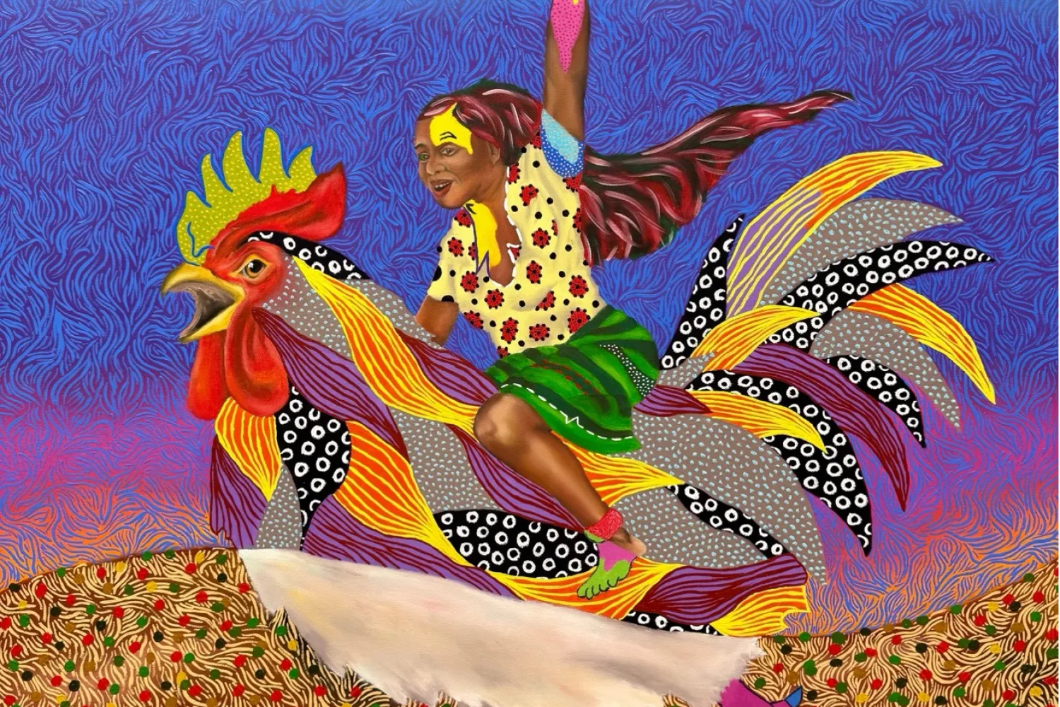 A colourful painting featuring a rooster with a girl on its back, against a deep blue and purple ski and ground