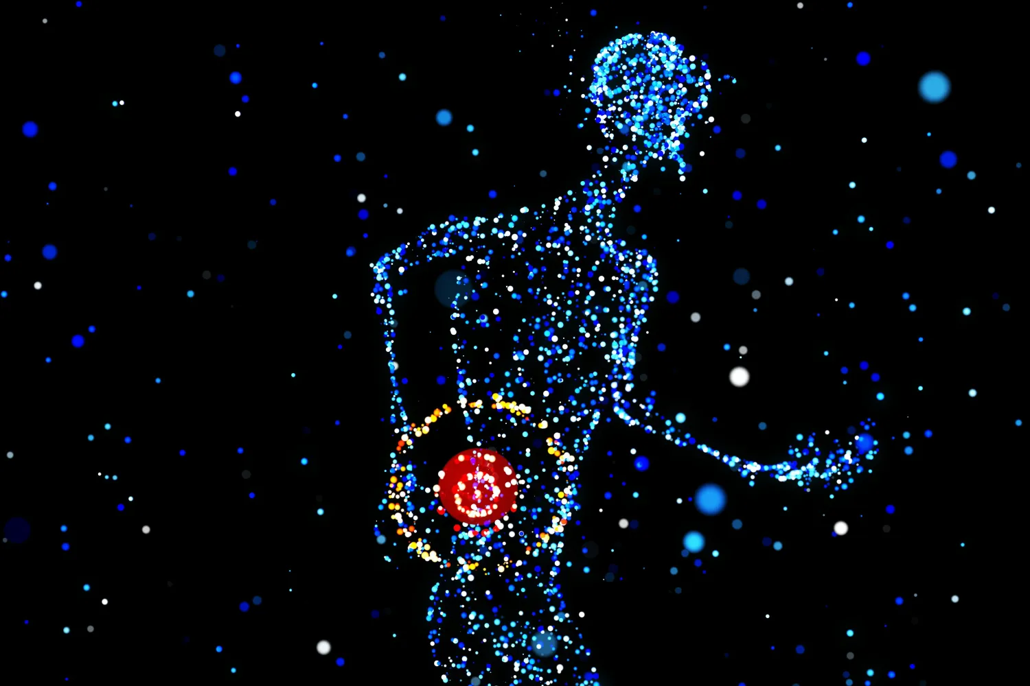 An illustration of a body, blue speckled dots, with a red circle at the back of the person to illustrate back pain