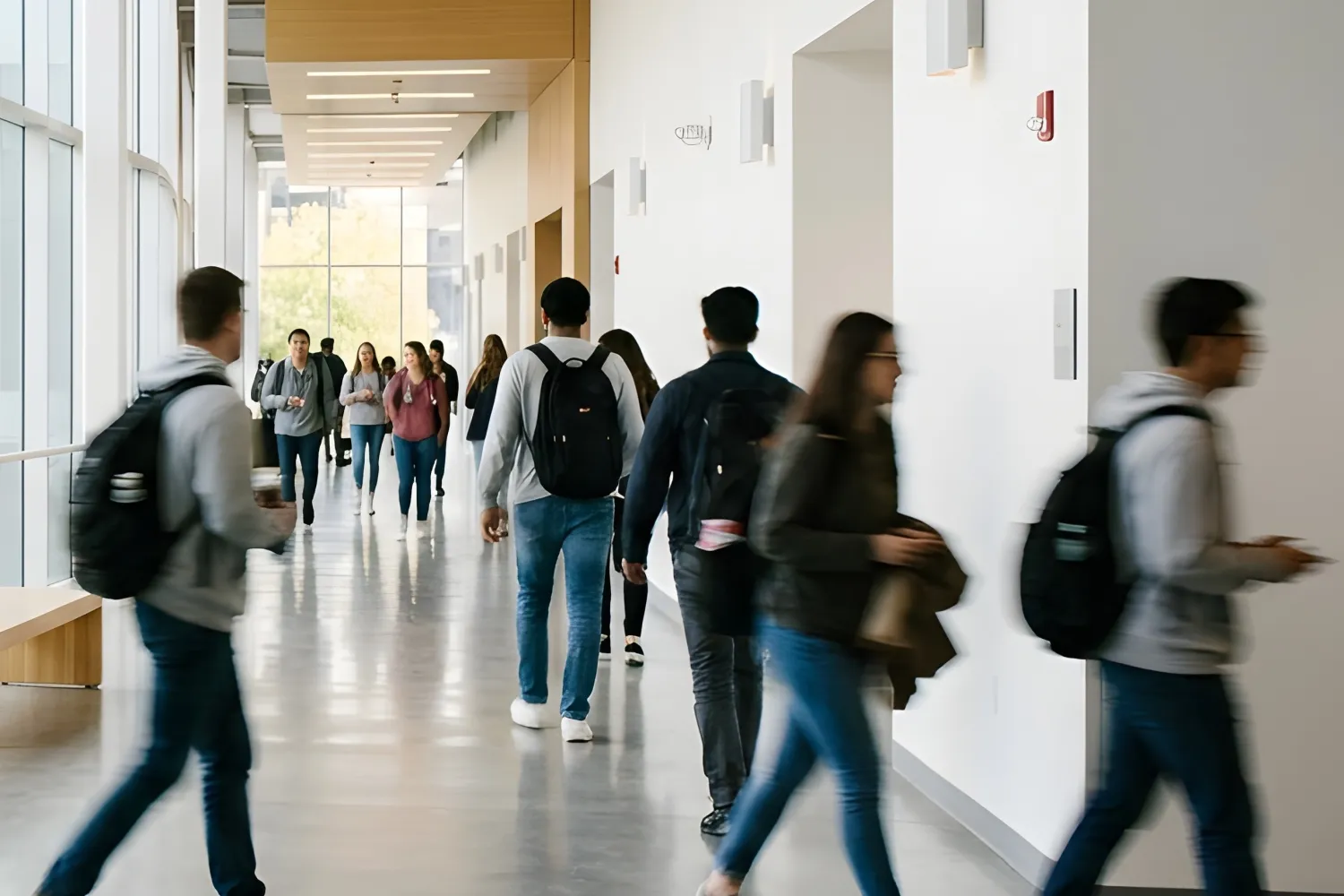 Students walking in a hallway of a school