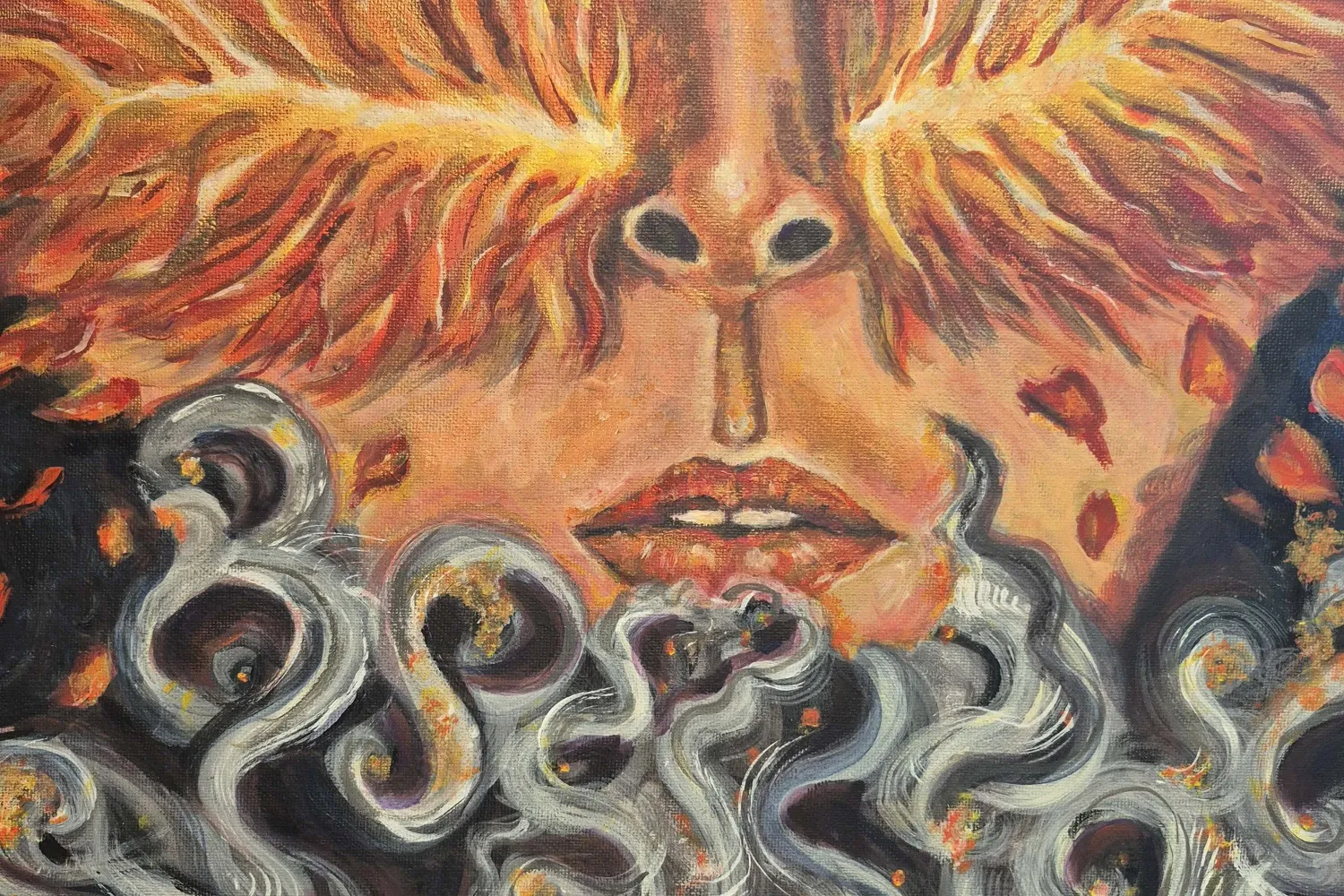 A human face, with starkly defined nose and lips, emerges alongside expansive phoenix-like wings through drifting smoke and ash. The composition blends dark, heavy textures with warm, glowing tones, evoking a sense of release, transformation, and renewal. 