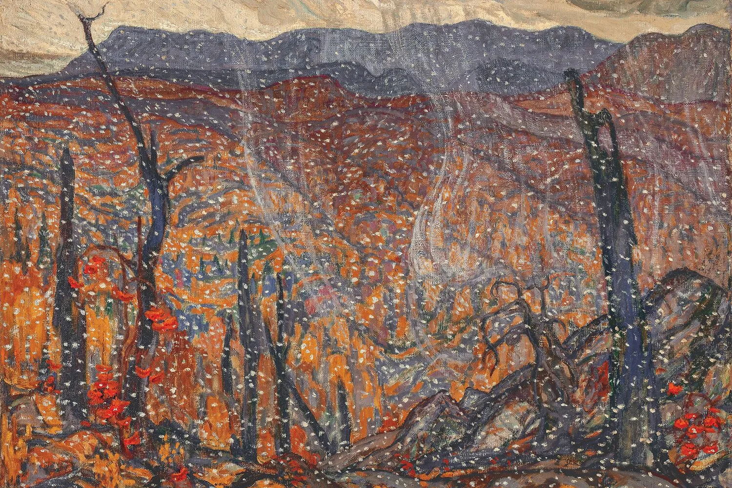 A.Y. Jackson (1882–1974), First Snow, Algoma, between 1919 and 1920, oil on canvas, 107.1 x 127.7cm, In memory of Gertrude Wells Hilborn, McMichael Canadian Art Collection, 1966.7
