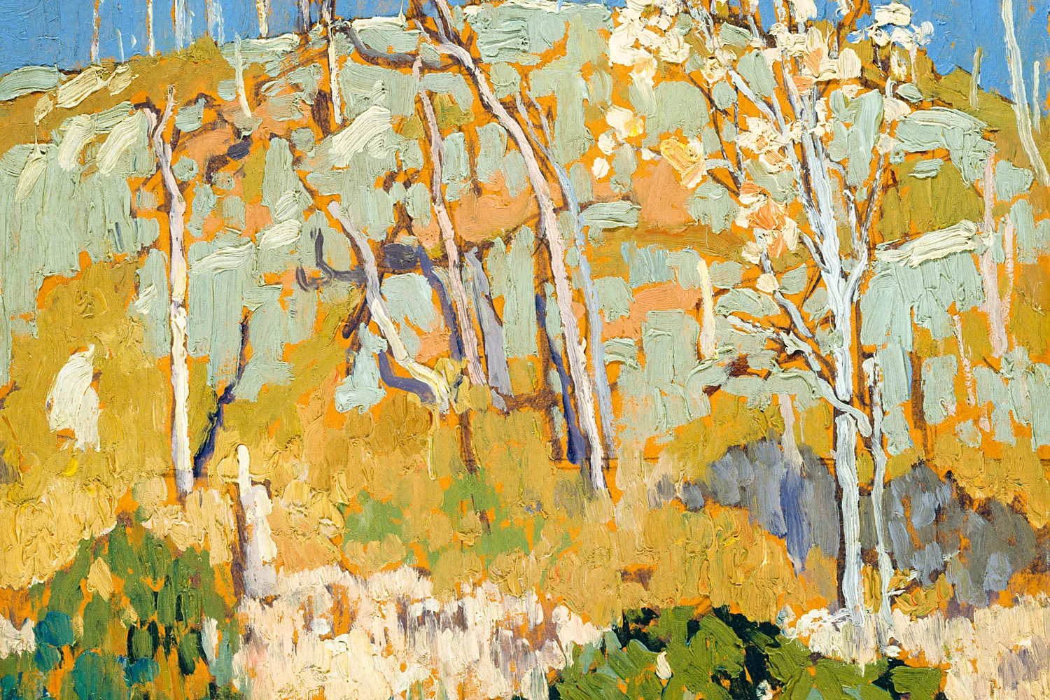 Frank Johnston (1888–1949), Patterned Hillside, c. 1918, oil on board, 26.7 x 33.6 cm, Gift of the Founders, Robert and Signe McMichael, McMichael Canadian Art Collection, 1977.37.8