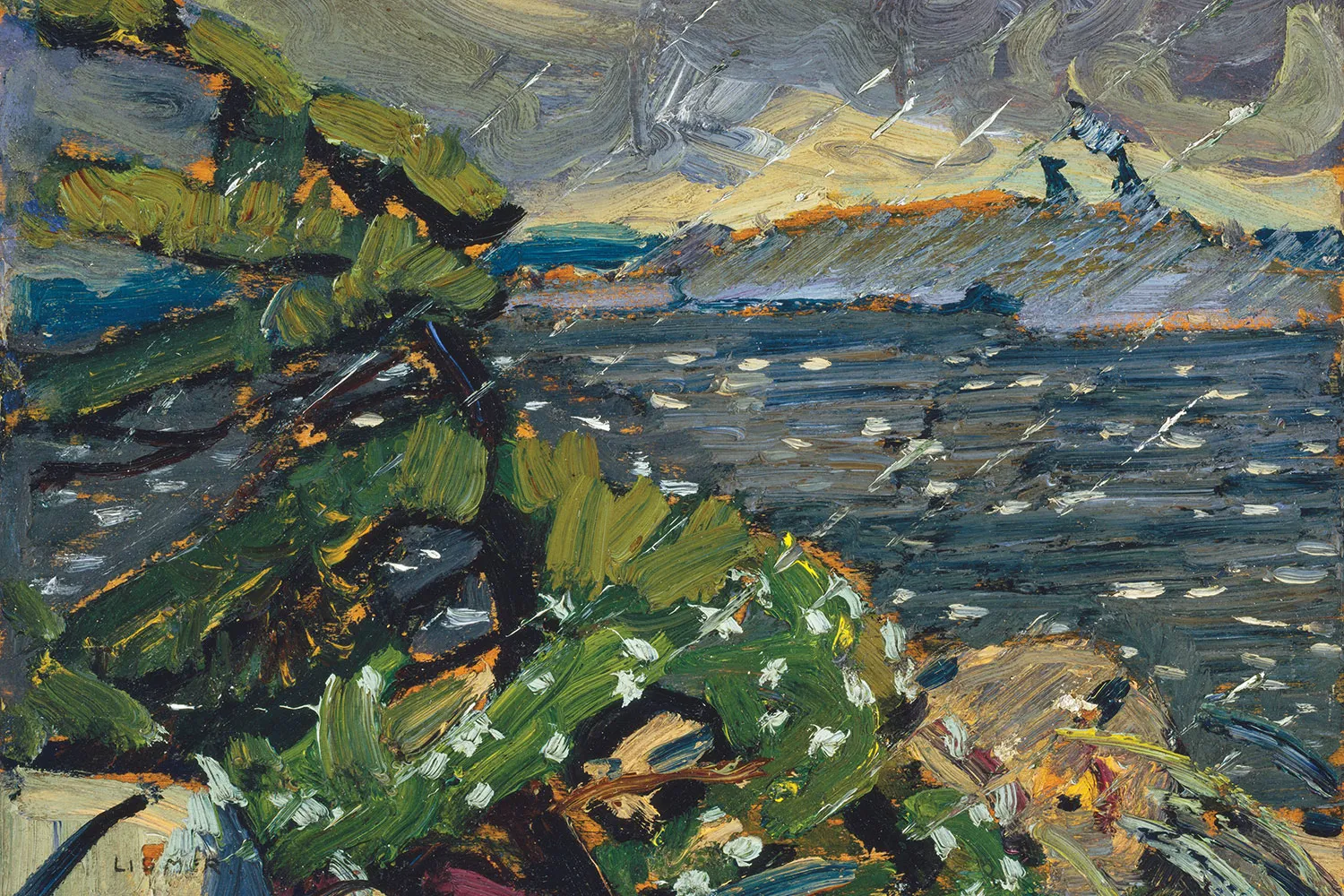 Arthur Lismer (1885–1969), Rain in the North Country, c. 1920, oil on wood panel, 22.3 x 30.8 cm, Gift of the Founders, Robert and Signe McMichael, McMichael Canadian Art Collection, 1966.16.112