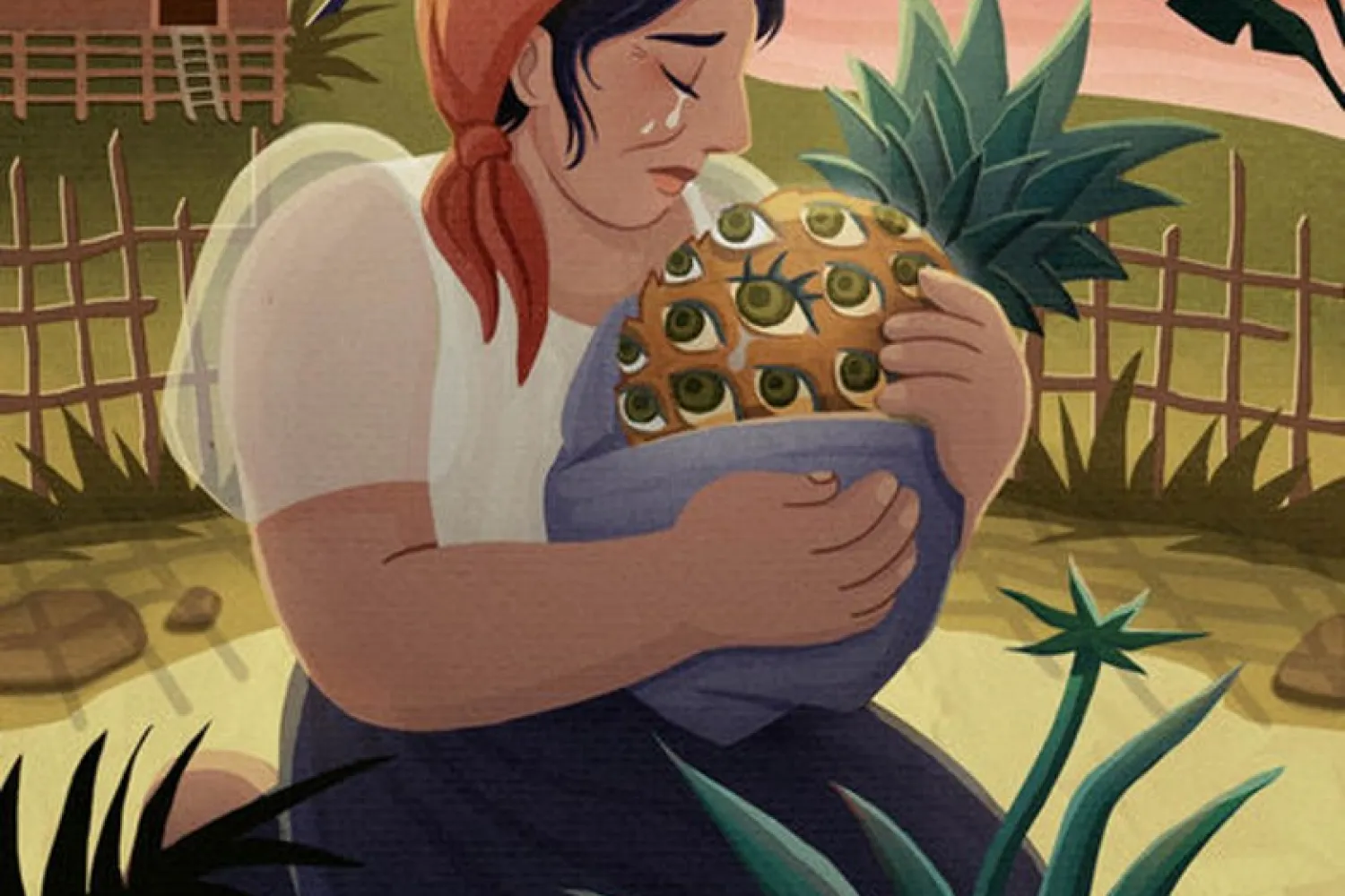 An illustration of a woman wearing a headscarf kneeling in a field and embracing an agave pina, surrounded by agave plants, a wooden fence, a small house, and a sunset landscape.