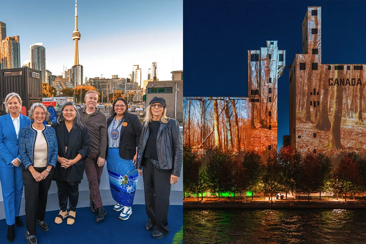 At left, group photo showing participants at Nuit Blanche reception outside with Toronto skyline in the background; and at right, art projection on Canada Malting Silos .