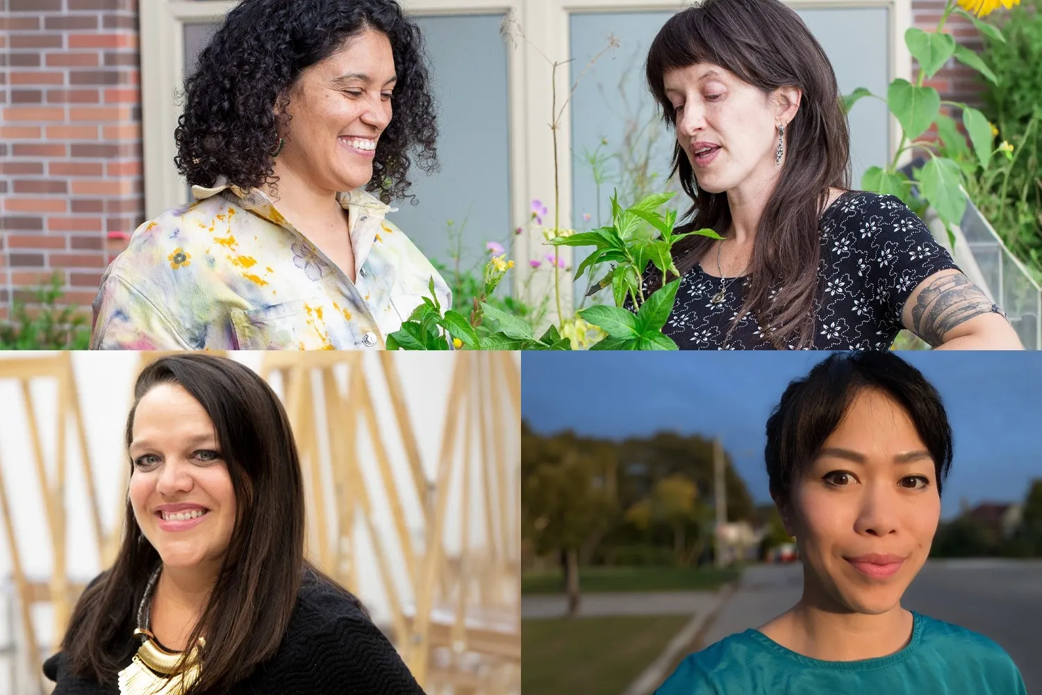 Three photos of faculty researchers: Top: Dr. Alia Weston (left) and community partner Dani Hagel (right); Bottom: Ilene Sova; Annie Tung (right).