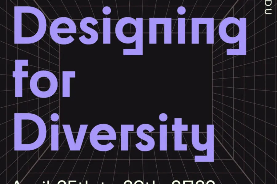 Black background with white lined grid, and the words Designing for Diversity written in lavender