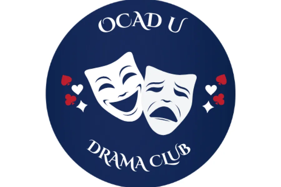 Round navy logo with 2 white comedy and tragedy masks. Image reads: OCAD U Drama Club