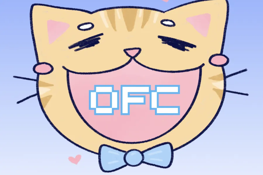 OCAD U Fandom Club. digital drawing of a cat with mouth open with OFC text inside mouth